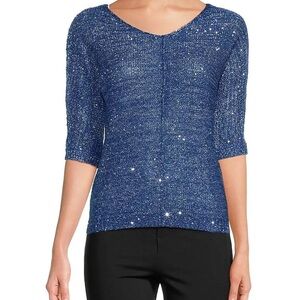 H by Halston Blue Sequin Knit Top Medium NWOT | Sparkle Party Holiday Blouse
